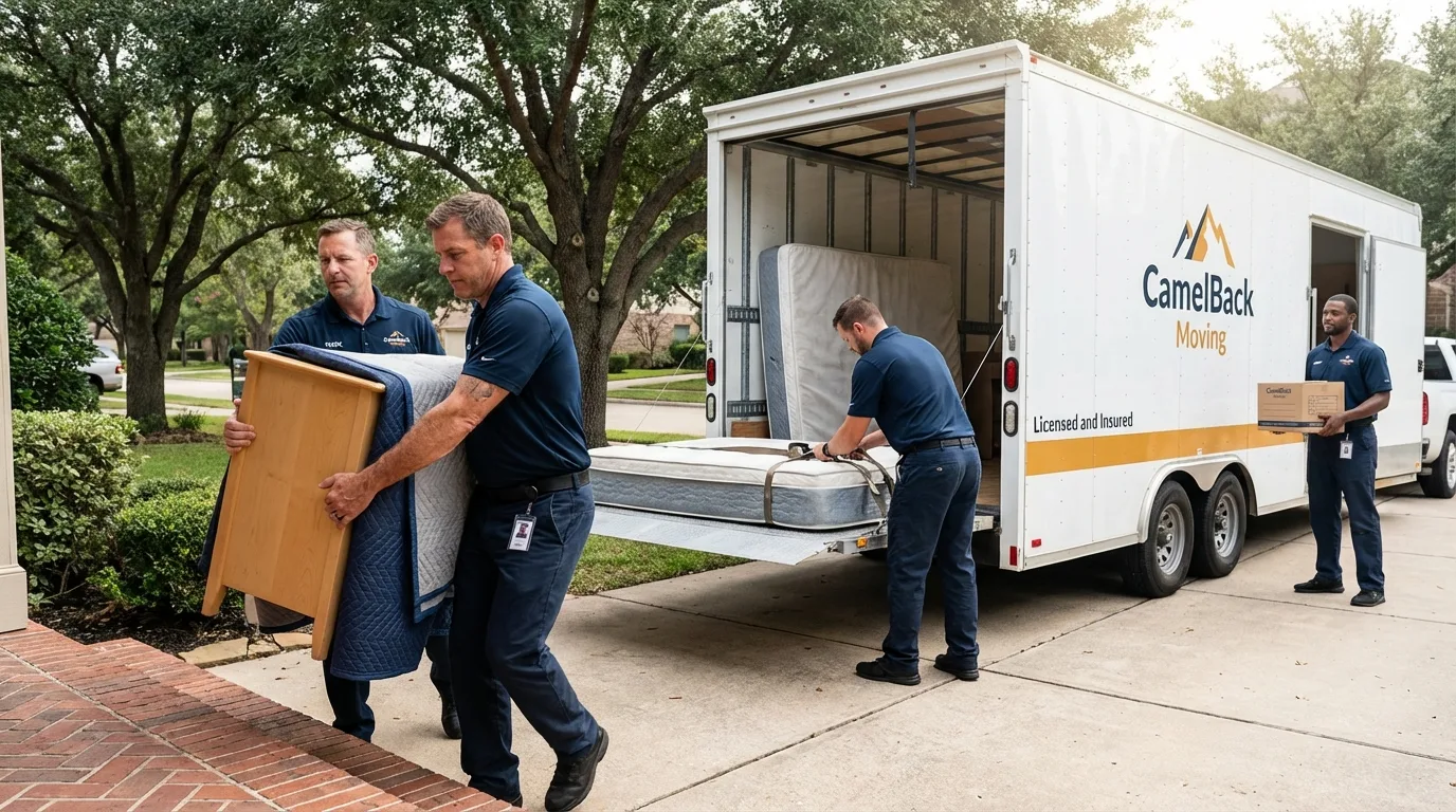 Crew loading residential truck for cross-state move from Harvey, ND