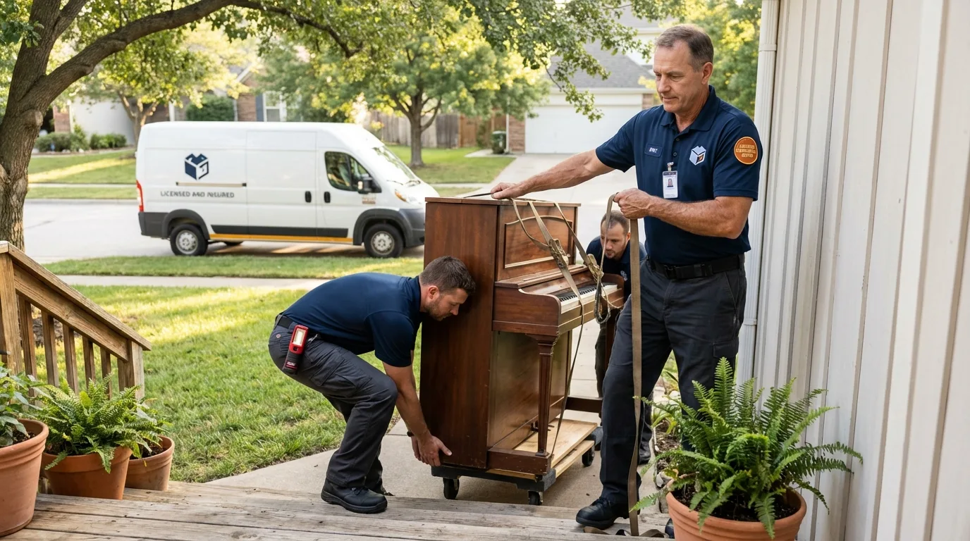 Licensed piano movers securing grand piano in Harvey, ND