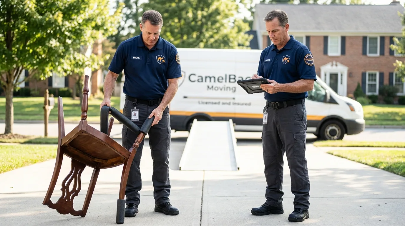 Movers inspecting furniture for damage prevention before loading in Harvey, ND
