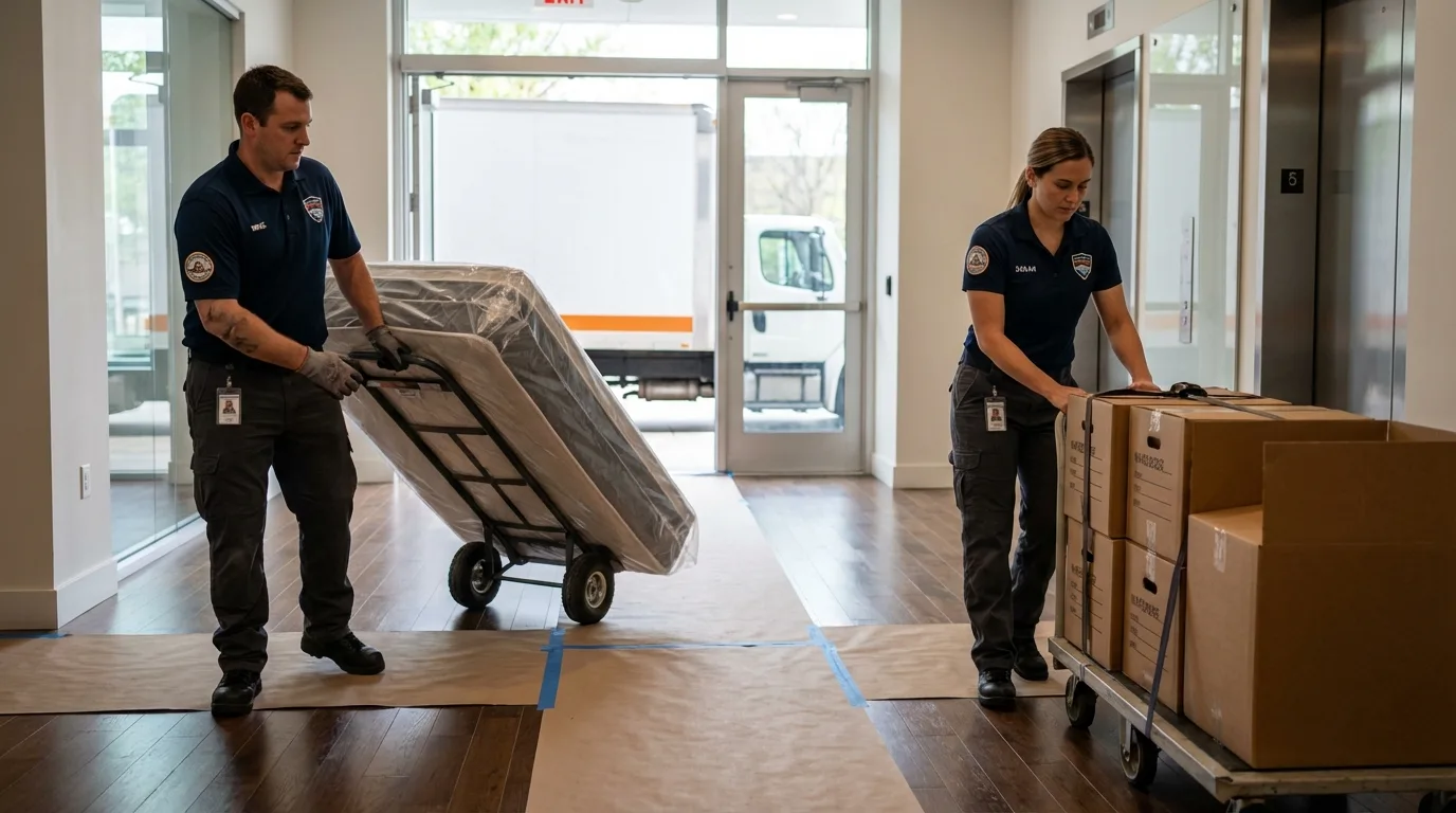 Professional apartment movers loading elevator in Harvey, ND
