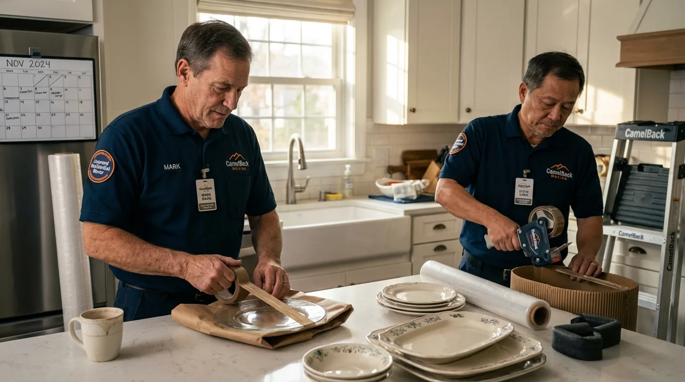 Professional crew packing kitchen dishware in Harvey, ND